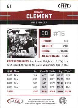 2009 SAGE HIT #61 Chase Clement Back