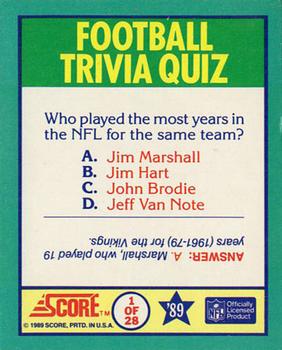 1989 Score - Magic Motion: Football Trivia Quiz #1 Football Trivia Quiz Back