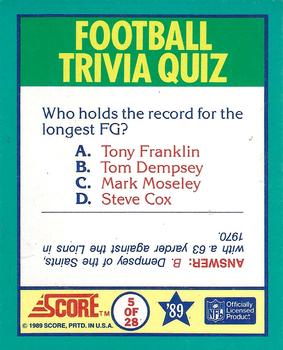 1989 Score - Magic Motion: Football Trivia Quiz #5 Football Trivia Quiz Back
