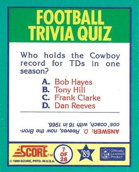 1989 Score - Magic Motion: Football Trivia Quiz #7 Football Trivia Quiz Back