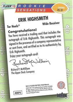 2013 Fleer Retro - Fleer Rookie Sensations Autographs #RS-31 Erik Highsmith Back