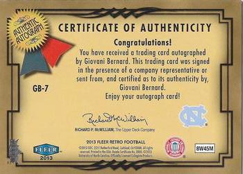 2013 Fleer Retro - Fleer Greats of the Game Autographs #GB-7 Giovani Bernard Back