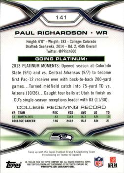 2014 Topps Platinum #141 Paul Richardson Back
