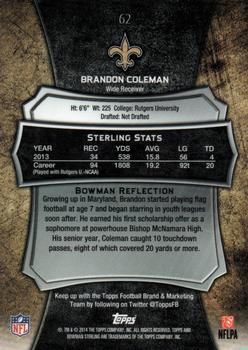 2014 Bowman Sterling #62 Brandon Coleman Back
