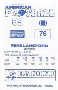 1989 Panini Stickers (UK) #76 Mike Lansford Back
