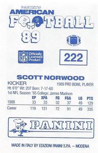 1989 Panini Stickers (UK) #222 Scott Norwood Back