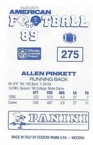 1989 Panini Stickers (UK) #275 Allen Pinkett Back
