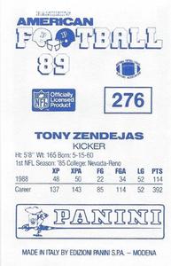 1989 Panini Stickers (UK) #276 Tony Zendejas Back