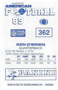 1989 Panini Stickers (UK) #362 Ken O'Brien Back