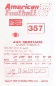1990 Panini Stickers (UK) #357 Joe Montana Back