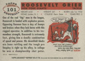 2001 Topps Archives #69 Roosevelt Grier Back