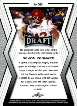 2014 Leaf Draft - Autographs #A-DK1 Devon Kennard Back