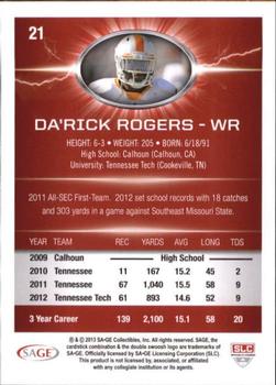 2013 SAGE HIT - Red #21 Da'Rick Rogers Back