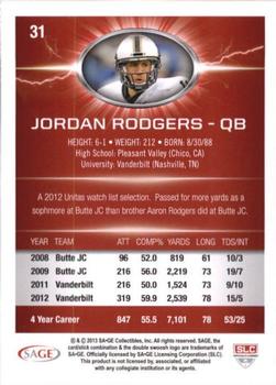 2013 SAGE HIT - Red #31 Jordan Rodgers Back