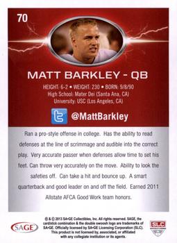 2013 SAGE HIT - Red #70 Matt Barkley Back