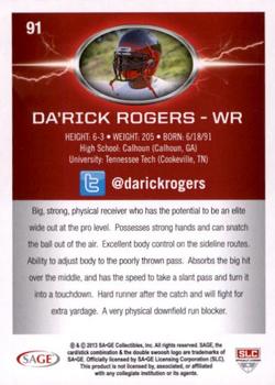 2013 SAGE HIT - Red #91 Da'Rick Rogers Back