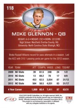 2013 SAGE HIT - Red #118 Mike Glennon Back