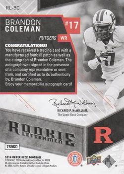 2014 Upper Deck - Rookie Letterman Autographs #RL-BC Brandon Coleman Back