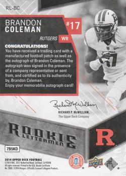 2014 Upper Deck - Rookie Letterman Autographs #RL-BC Brandon Coleman Back