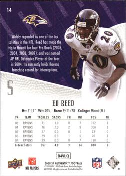 2008 SP Authentic #14 Ed Reed Back