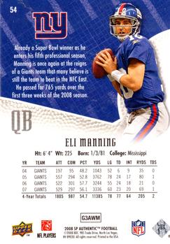 2008 SP Authentic #54 Eli Manning Back