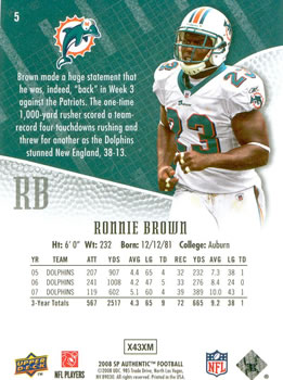 2008 SP Authentic #5 Ronnie Brown Back