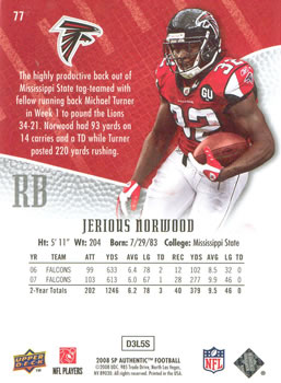 2008 SP Authentic #77 Jerious Norwood Back