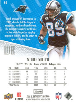 2008 SP Authentic #80 Steve Smith Back