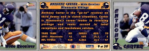 1993 Pacific Triple Folder #9 Anthony Carter Back