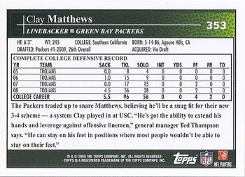 2009 Topps #353 Clay Matthews Back