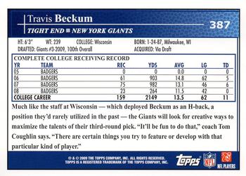 2009 Topps #387 Travis Beckum Back