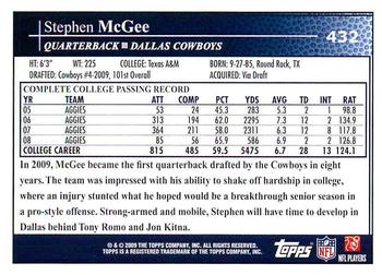 2009 Topps #432 Stephen McGee Back