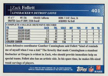 2009 Topps #401 Zack Follett Back