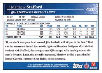 2009 Topps #430 Matthew Stafford Back