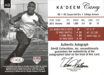 2014 SAGE Autographed - Gold #9 Ka'Deem Carey Back