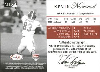 2014 SAGE Autographed - Gold #38 Kevin Norwood Back