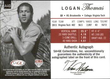 2014 SAGE Autographed - Gold #49 Logan Thomas Back