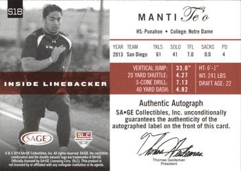 2014 SAGE Autographed - Sophomore Autographs Gold #S18 Manti Te'o Back