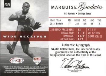 2014 SAGE Autographed - Sophomore Autographs Master Edition #S8 Marquise Goodwin Back