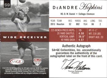 2014 SAGE Autographed - Sophomore Autographs Platinum #S9 DeAndre Hopkins Back
