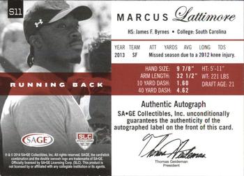 2014 SAGE Autographed - Sophomore Autographs Platinum #S11 Marcus Lattimore Back