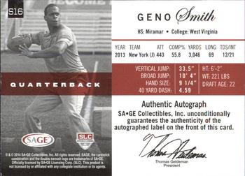 2014 SAGE Autographed - Sophomore Autographs Platinum #S16 Geno Smith Back