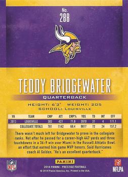 2014 Panini Prestige #288 Teddy Bridgewater Back
