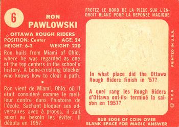 1958 Topps CFL #6 Ron Pawlowski Back
