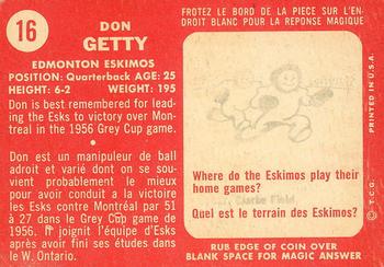1958 Topps CFL #16 Don Getty Back