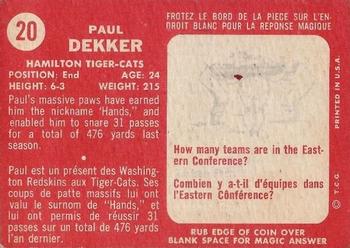1958 Topps CFL #20 Paul Dekker Back