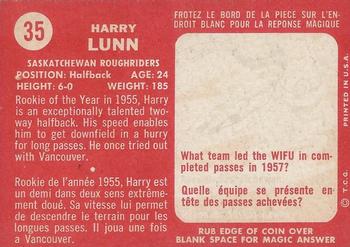 1958 Topps CFL #35 Harry Lunn Back