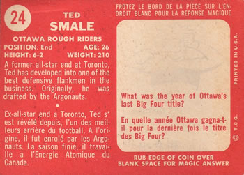1958 Topps CFL #24 Ted Smale Back