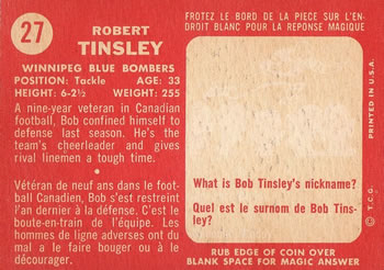 1958 Topps CFL #27 Buddy Tinsley Back