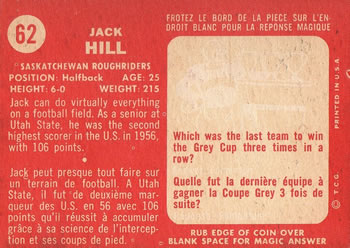 1958 Topps CFL #62 Jack Hill Back
